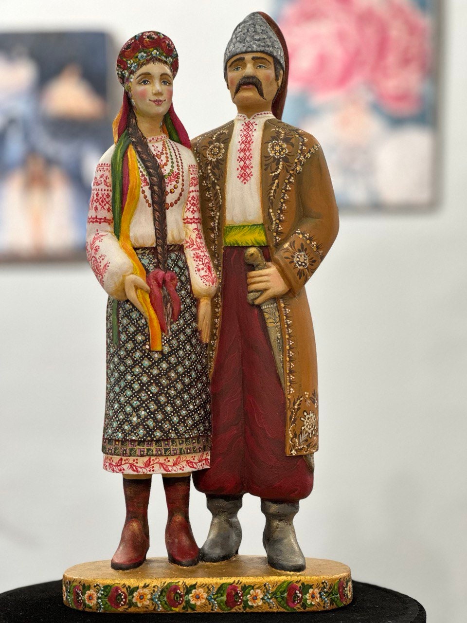 Hand-painted wooden couple figurine, Ukrainian style, 5th anniversary wedding gift.