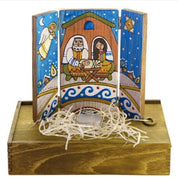 Hand-painted wooden nativity scene decor with vibrant colors and intricate religious design, perfect for Christmas home accent.
