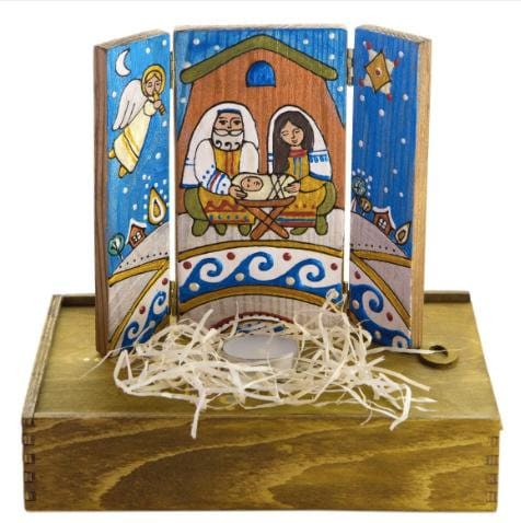 Hand-painted wooden nativity scene decor with vibrant colors and intricate religious design, perfect for Christmas home accent.