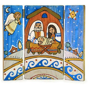 Hand-painted wooden triptych with traditional Ukrainian nativity scene, featuring vibrant colors and intricate holiday designs.