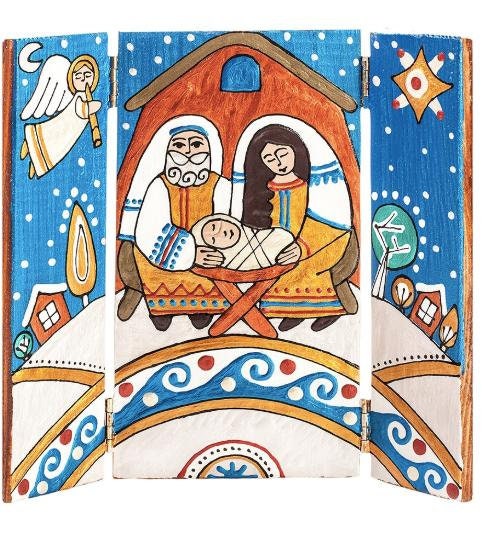 Hand-painted wooden nativity scene, Ukrainian folk art Christmas decoration, featuring Holy Family with vibrant colors and intricate details.