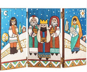 Hand-painted wooden triptych with Ukrainian Christmas scene and traditional attire, featuring festive colors and detailed artwork.