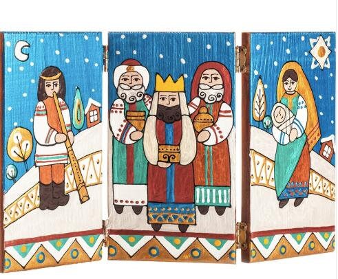 Hand-painted wooden triptych with Ukrainian Christmas scene and traditional attire, featuring festive colors and detailed artwork.