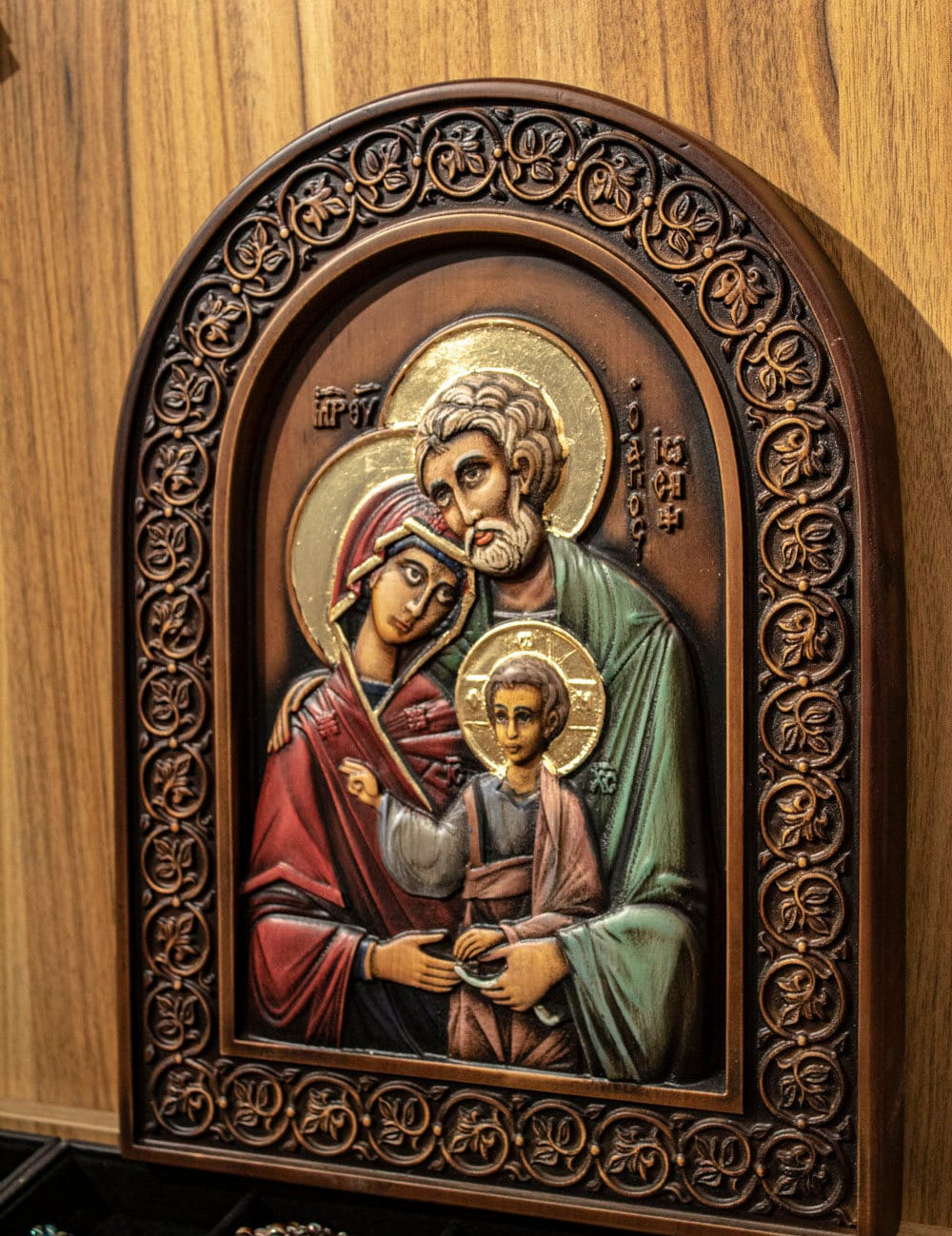 Handcrafted wooden icon of the Holy Family, Byzantine Christian art, religious gift, unique Ukrainian craftsmanship, sacred décor.