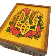 Handcrafted wooden tea box with Ukrainian trident and floral embroidery design, elegant gift from Ukraine.