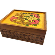 Handcrafted wooden tea box with Ukrainian trident and embroidery design, perfect decorative gift from Ukraine.