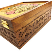 Handcrafted wooden tea box with Ukrainian trident and embroidery style engraving, elegant gift from Ukraine.
