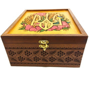 Handcrafted wooden tea box with Ukrainian trident and embroidered style design, perfect elegant gift, crafted in Ukraine.