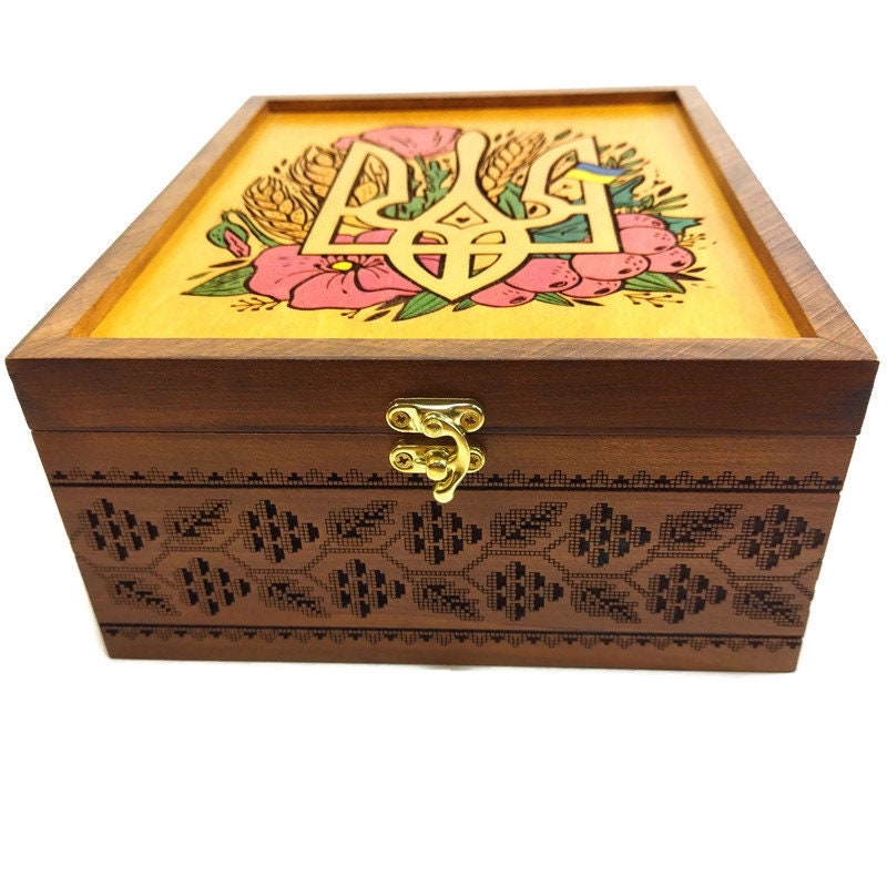 Handcrafted wooden tea box with Ukrainian trident and embroidered style design, perfect elegant gift, crafted in Ukraine.