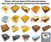 Assorted handcrafted wooden tea boxes with unique engraved designs, perfect for gifts or personalized engraving requests.