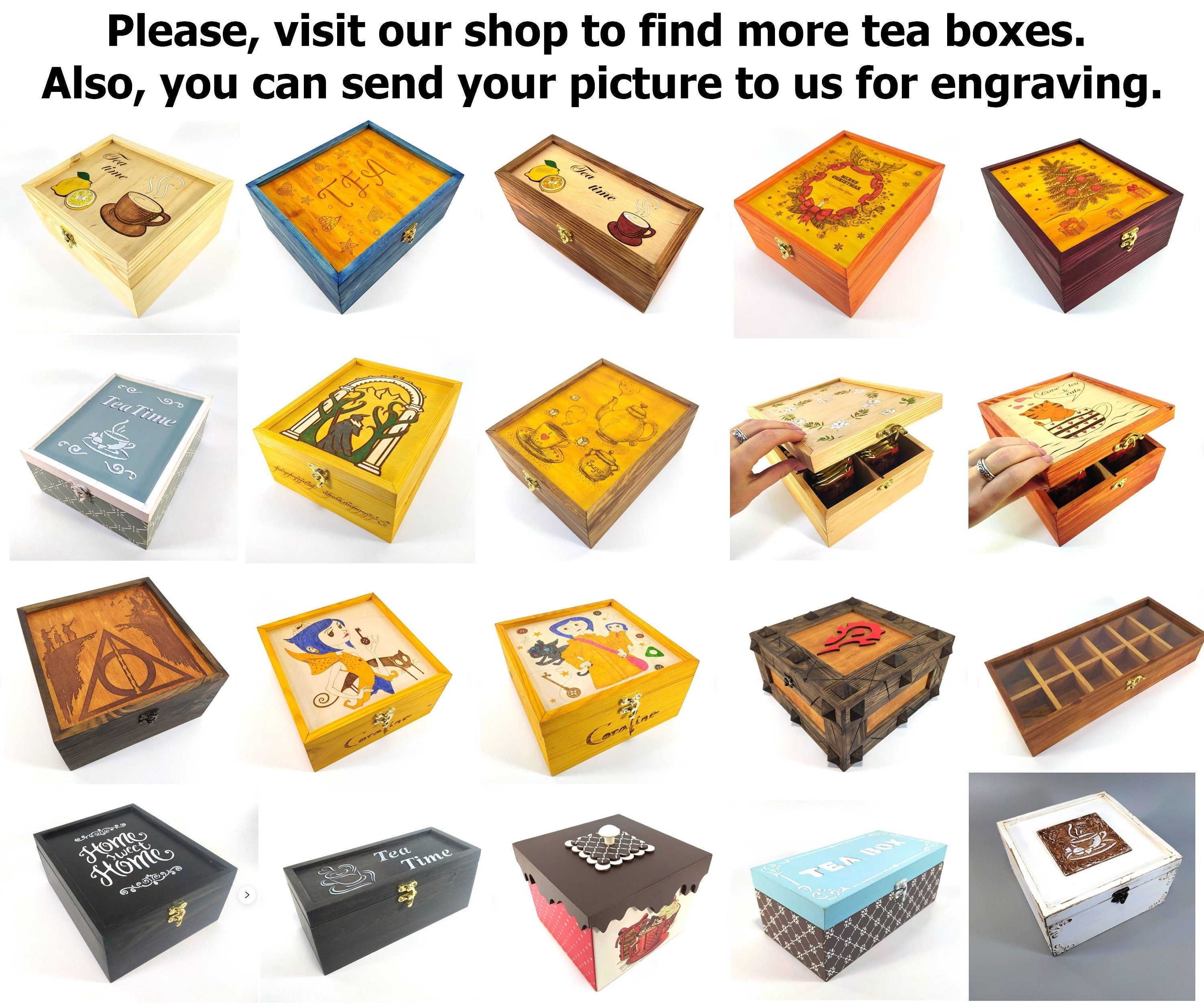 Assorted handcrafted wooden tea boxes with unique engraved designs, perfect for gifts or personalized engraving requests.