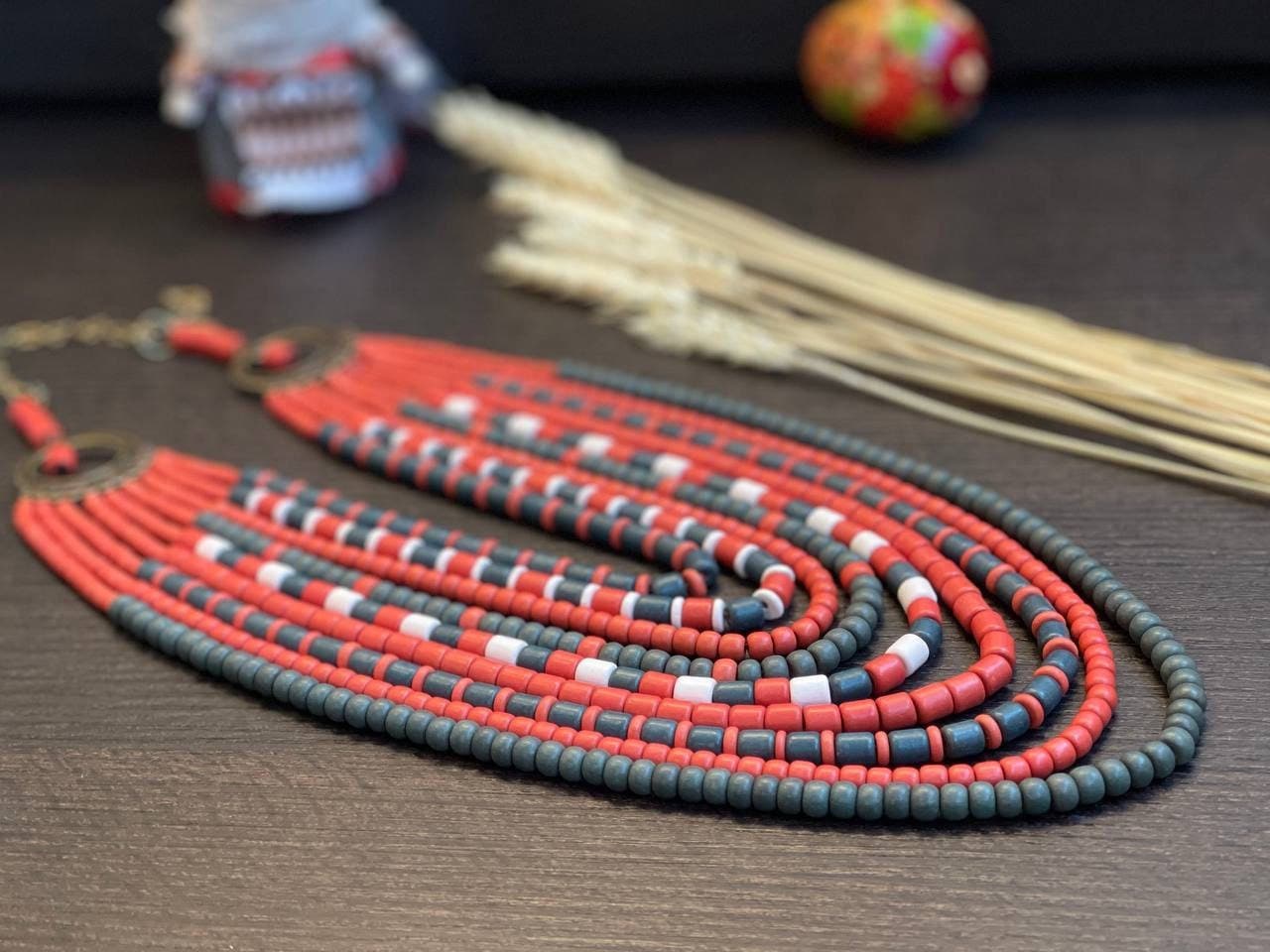 Handmade red and green Ukrainian necklace with ceramic beads, traditional ethnic jewelry, perfect gift for her or Easter.