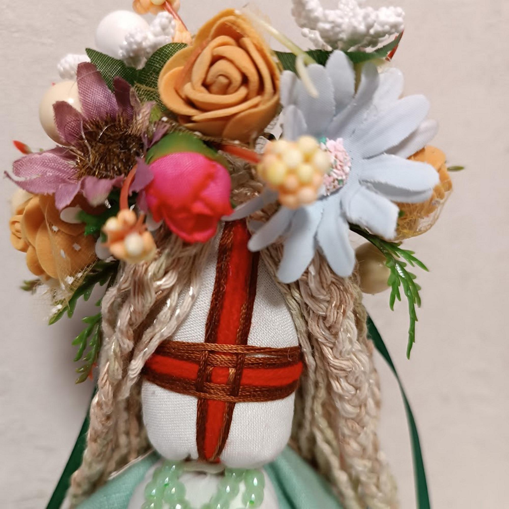 Handmade Ukrainian Motanka Doll with Floral Headpiece and Beaded Necklace in Linen Dress