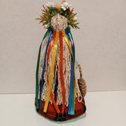 Handmade Ukrainian Motanka Doll with colorful ribbons and floral headpiece, traditional folk art gift, 28 cm decorative piece.
