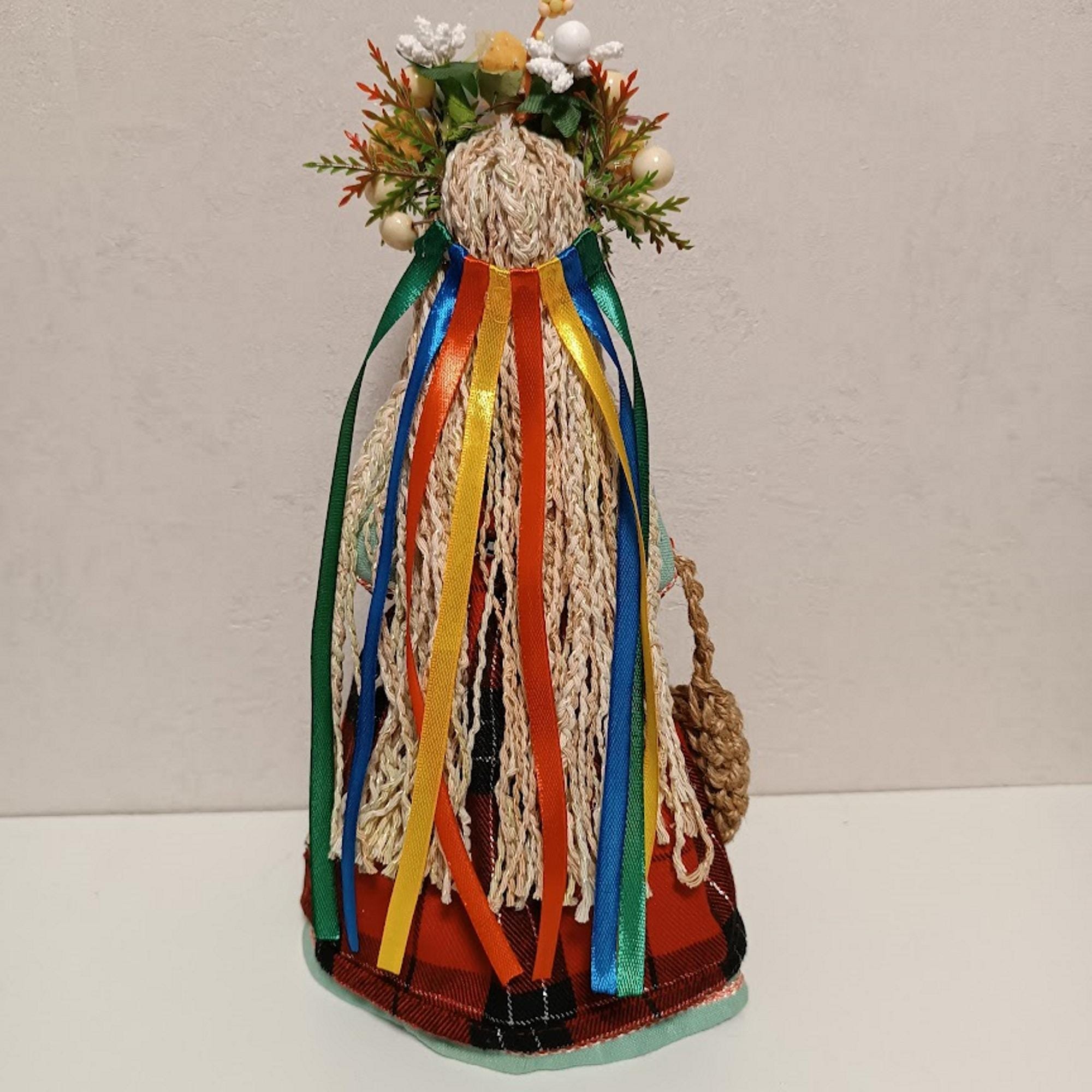Handmade Ukrainian Motanka Doll with colorful ribbons and floral headpiece, traditional folk art gift, 28 cm decorative piece.