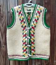Knitted folk vest for kids, unisex design, hand embroidery, 100% undyed sheep wool, green crochet edge, eco-friendly clothing.