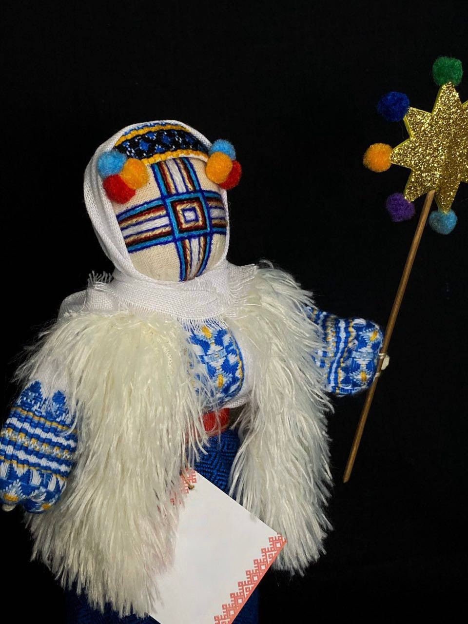 Handmade Motanka Doll "Christmas" on Wooden Stand, Traditional Ukrainian Home Guardian