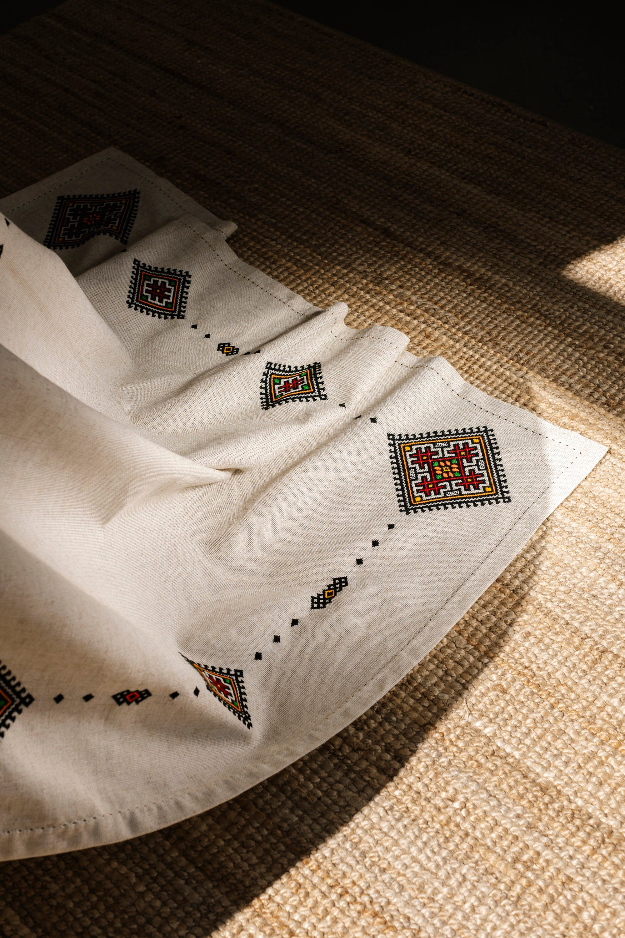 Handmade Ukrainian embroidered tablecloth on woven rug, with ethnic designs, 300x150 cm. Perfect gift for Easter or Mother.