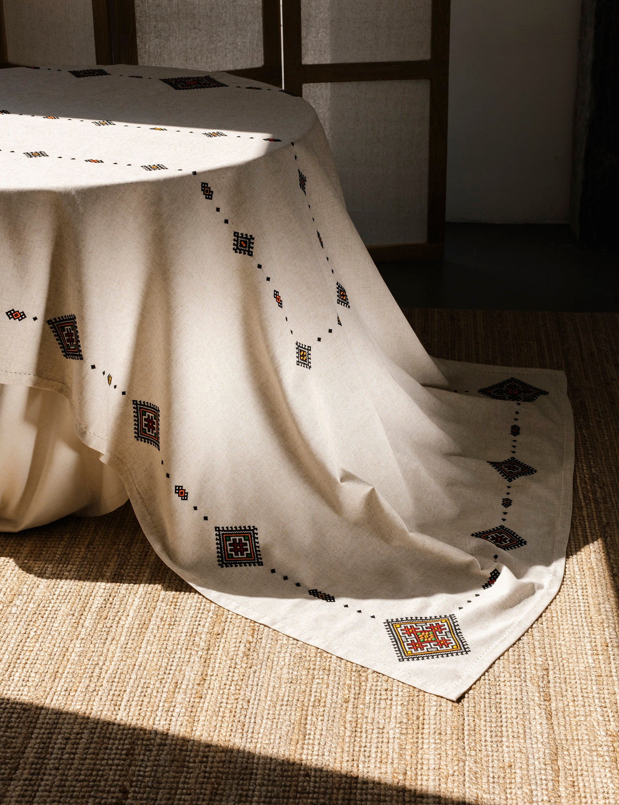 Handmade Ukrainian embroidered tablecloth 300x150 cm with ethnic design on linen, perfect gift for Easter or Mother's Day.