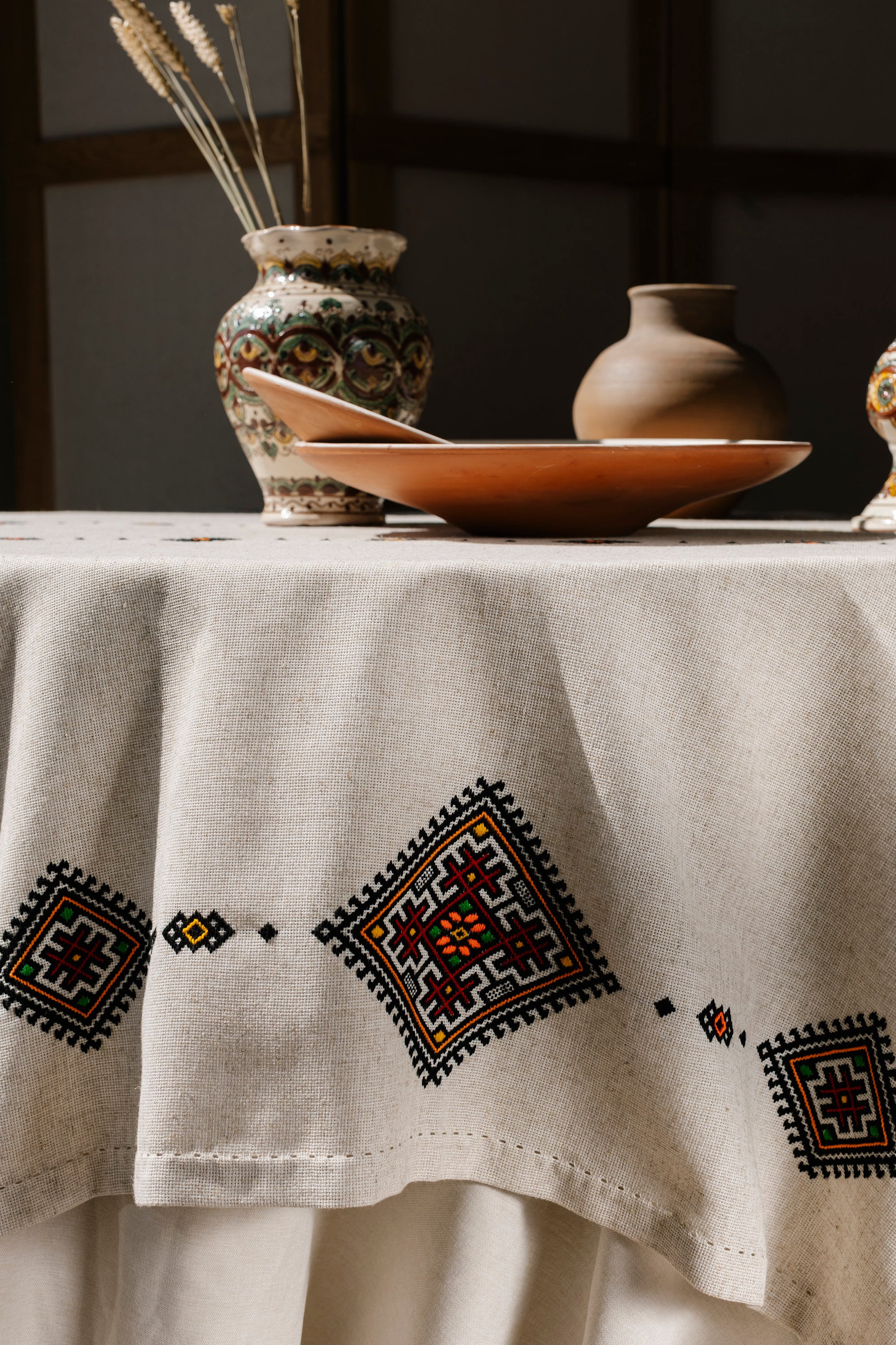 Handmade Ukrainian embroidered tablecloth with ethnic designs, 300x150 cm, ideal for Easter or Mother's Day gift.
