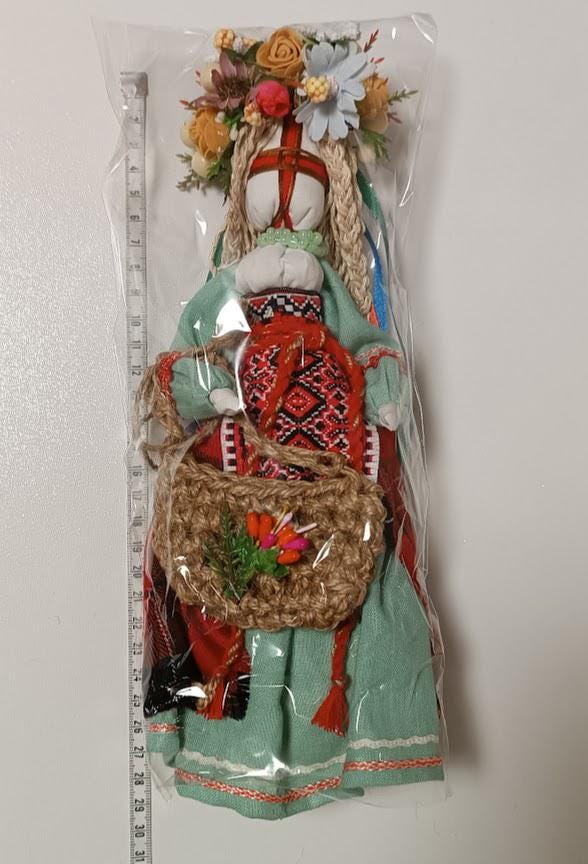 Handmade Ukrainian Motanka Doll in linen dress with flowers and beads, 28 cm, traditional folk art, cultural gift.