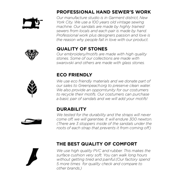 Infographic detailing professional craftsmanship, quality stones, eco-friendliness, durability, and comfort in footwear production.