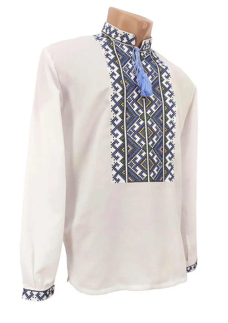 Men's embroidered Vyshyvanka shirt with geometric blue patterns, long sleeves, and adjustable neck straps.