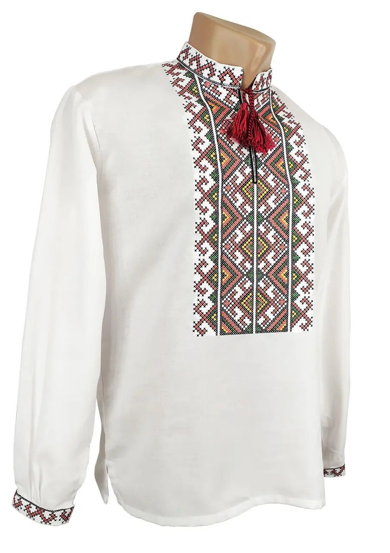 Men's traditional Ukrainian Vyshyvanka shirt with geometric embroidery, long sleeves, and adjustable neck straps.