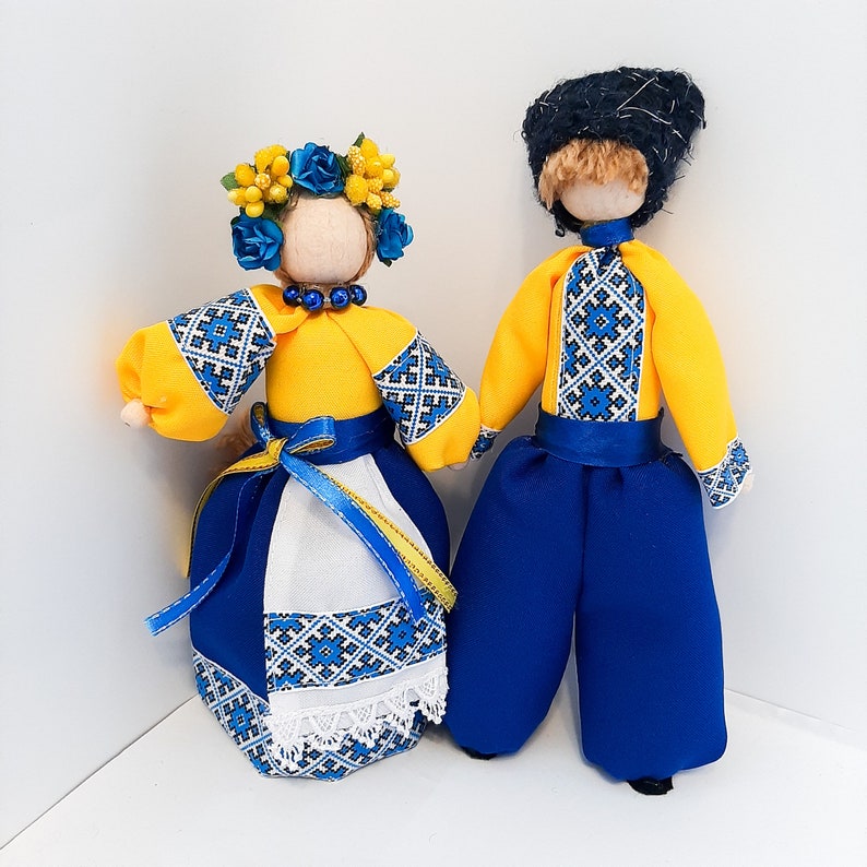 Handcrafted Ukrainian Motanka Dolls in Traditional National Clothing with Blue and Yellow Colors, Decorative Folk Art Gift