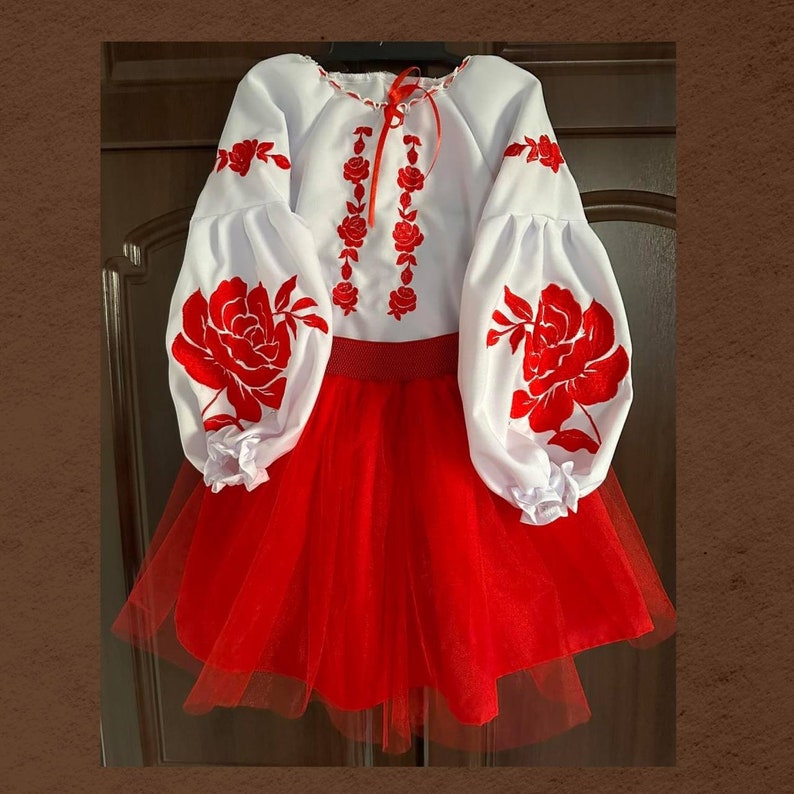 Girl’s Ukrainian embroidered suit with Vyshyvanka blouse and red skirt featuring traditional ornament, handmade kids’ outfit.