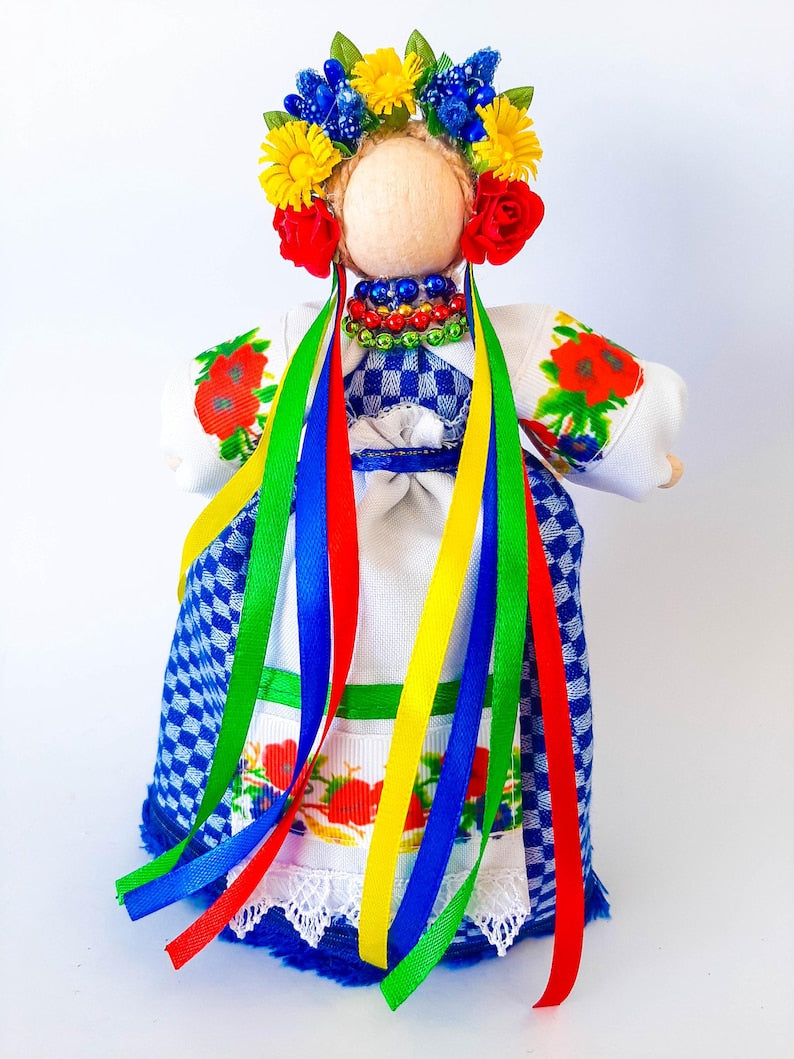 Ukrainian Motanka Doll Amulet with floral design and colorful ribbons, symbolizing protection and prosperity, 8.7 inches tall.