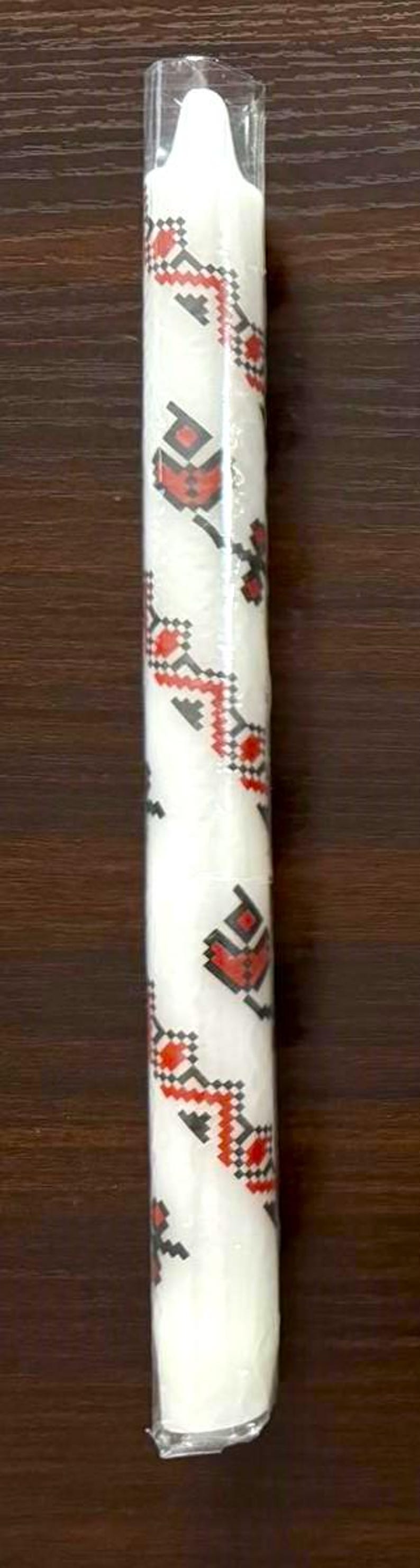 Handmade Ukrainian holiday candle with traditional pattern, 10-inch white taper for festive decor.