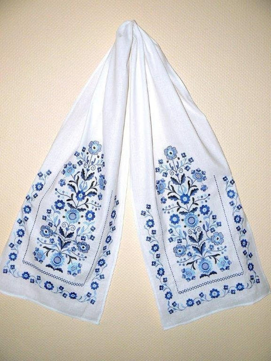 Traditional Ukrainian wedding rushnyk with embroidered Tree of Life, 100% linen, blue floral motifs, cultural home decor.