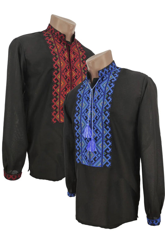 Traditional Ukrainian Vyshyvanka shirts with geometric embroidery in red and blue designs on black fabric.