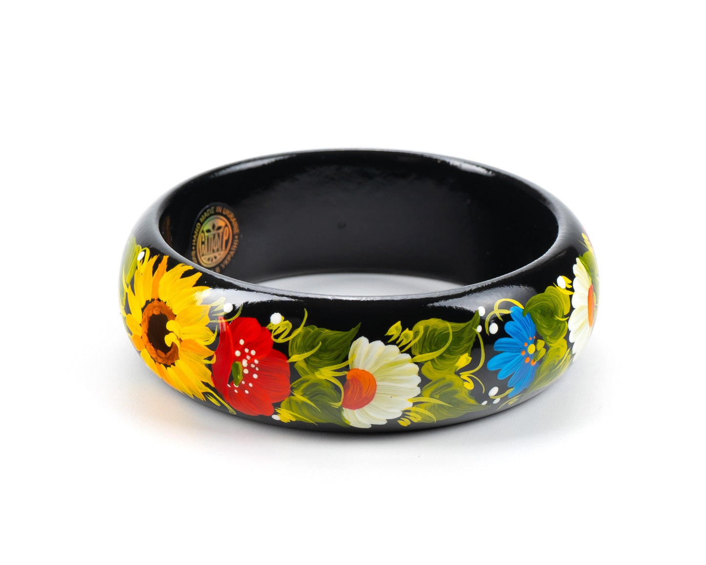 Hand-painted Petrykivka floral wooden bangle showcasing traditional Ukrainian artistry with vivid flowers. Perfect unique gift for women.