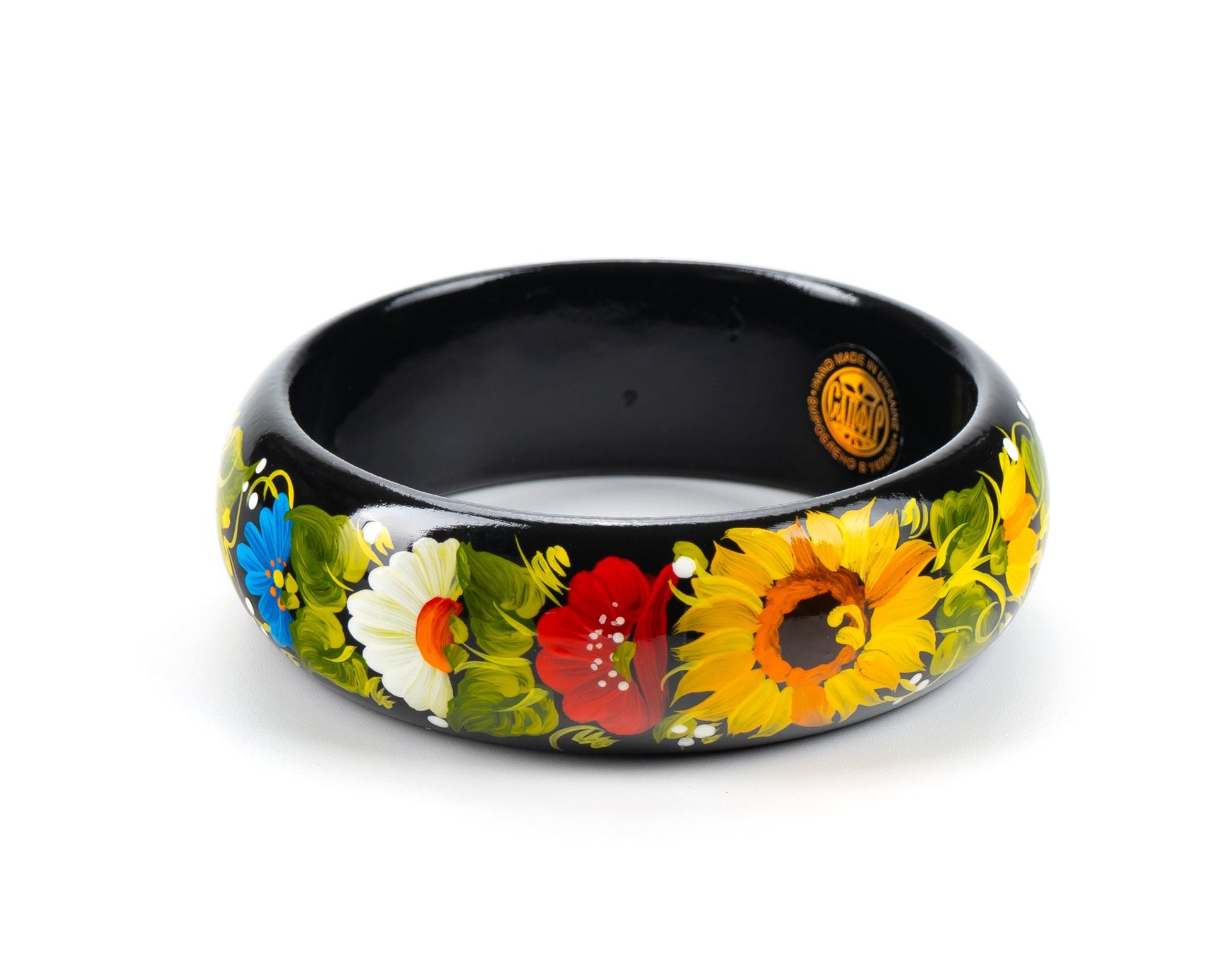 Hand-painted Ukrainian Petrykivka floral wooden bangle, showcasing vibrant flowers, unique cultural jewelry for women.