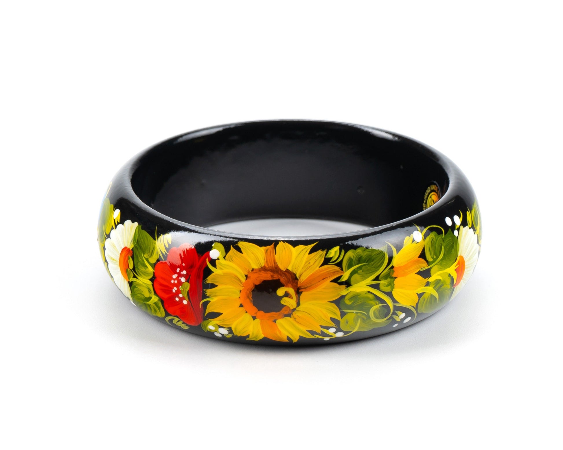 Hand-painted Petrykivka floral wooden bangle with vibrant yellow and red flowers, Ukrainian jewelry bracelet.