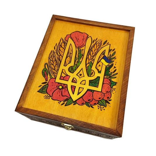 Handcrafted wooden tea box with Ukrainian trident embroidery style engraving, elegant gift from Ukraine.