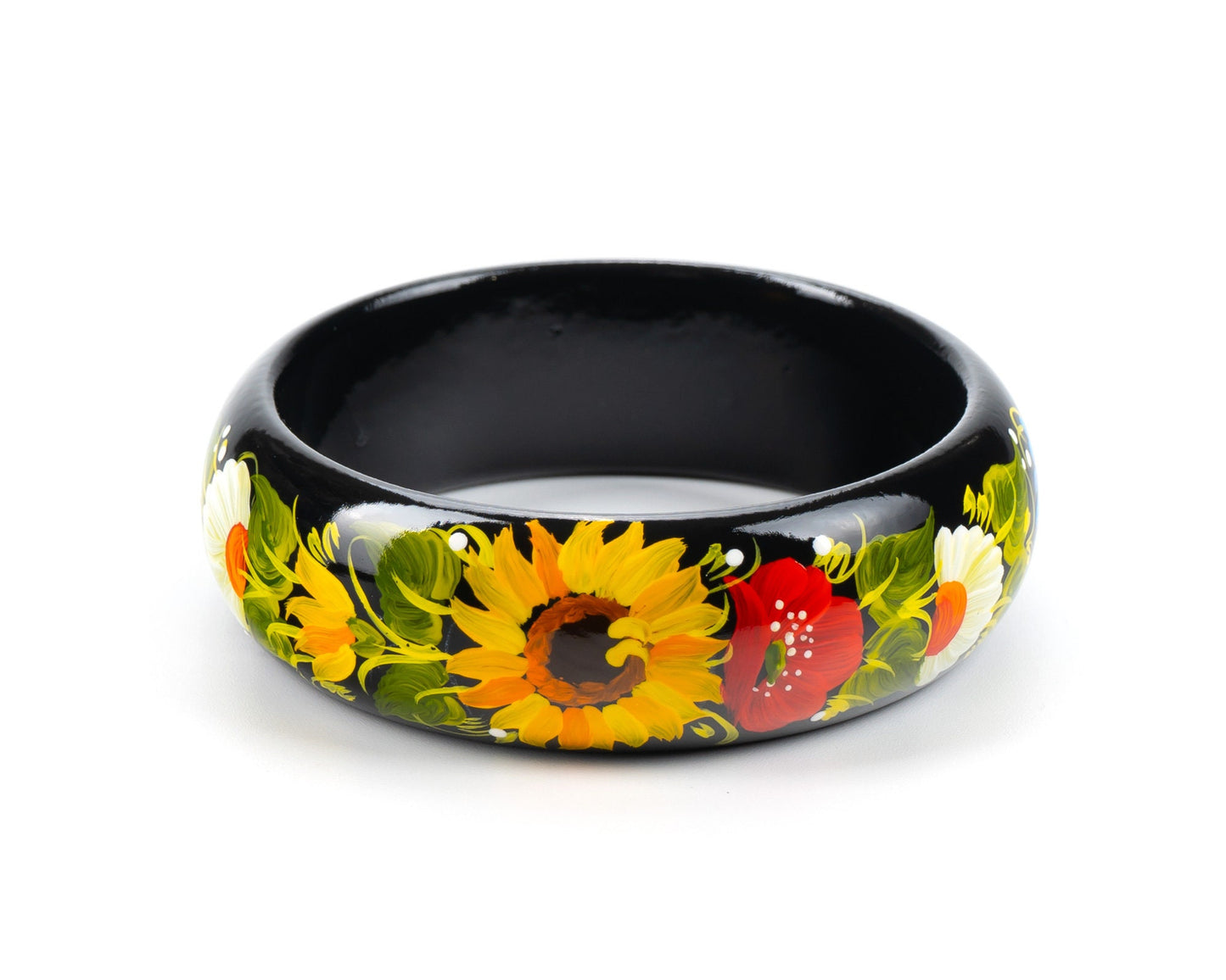 Hand-painted Ukrainian Petrykivka wooden bangle with vibrant floral design, showcasing sunflowers and poppies, unique gift for women.