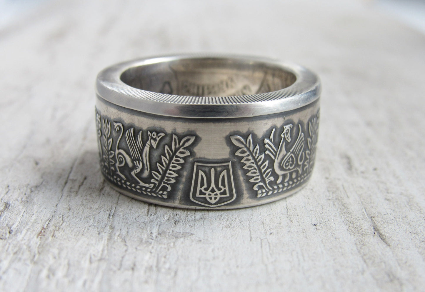 Handcrafted silver ring from 1999 Ukrainian coin with Kyivan Rus Prince Askold design, unique cultural souvenir.