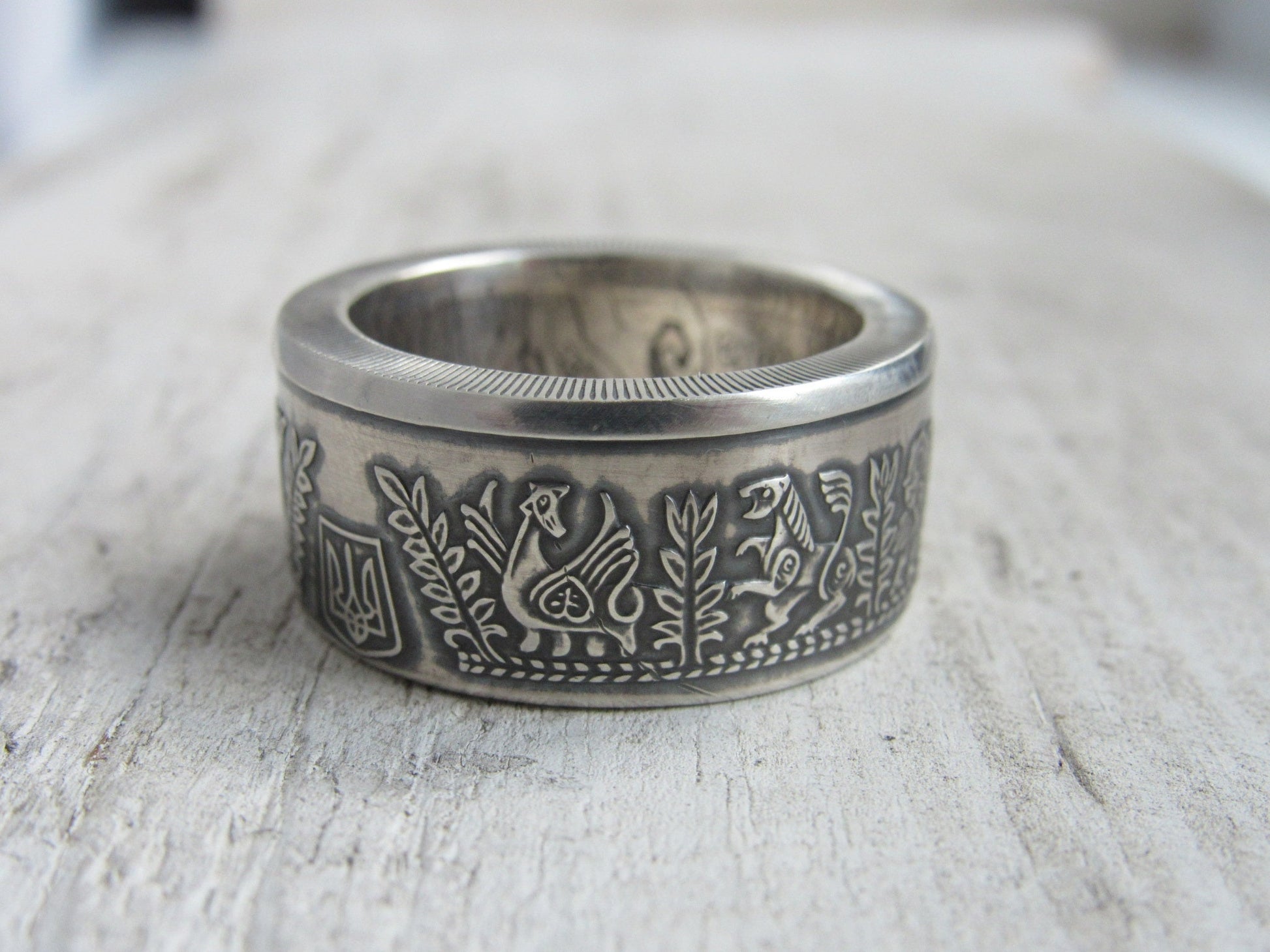 Handcrafted 925 silver Ukrainian ring with Kyivan Rus Prince Askold design, made from a rare 10-hryvnia coin.