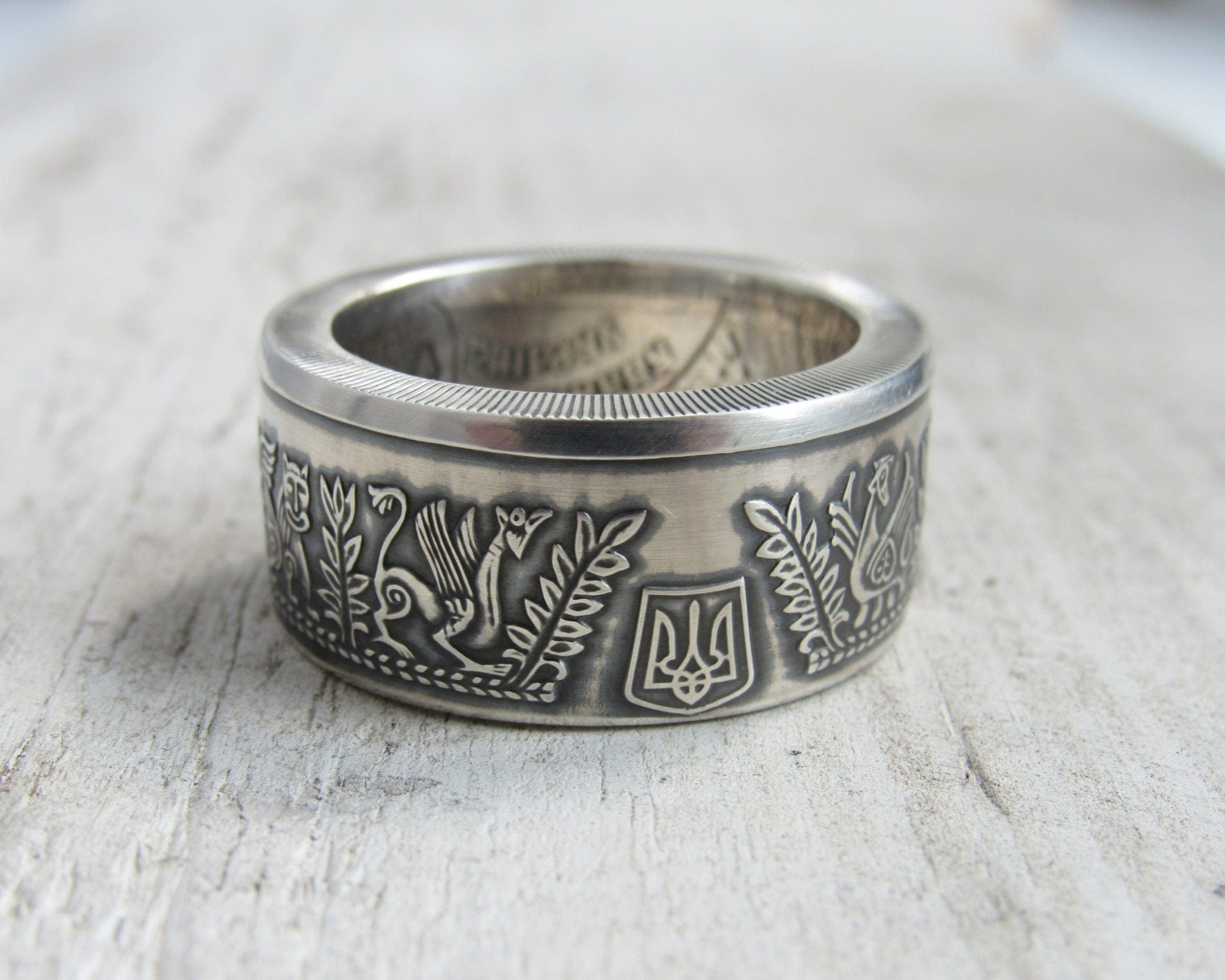 Handcrafted Ukrainian ring made from 925 silver coin with Kyivan Rus design of Prince Askold, unique cultural souvenir.