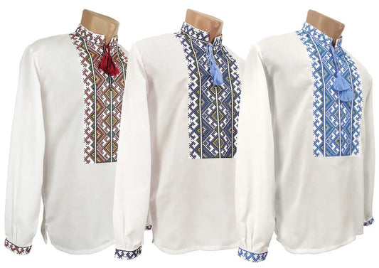 Men's Ukrainian Vyshyvanka shirts with geometric embroidery in red, black, and blue, featuring adjustable neck straps.