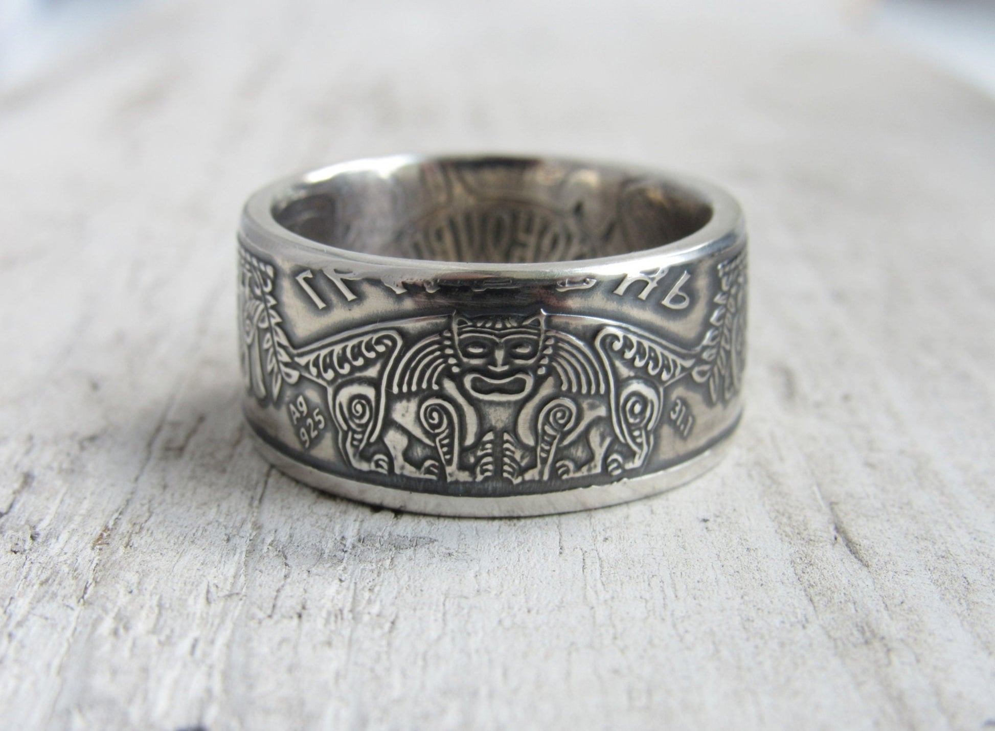 Handcrafted Ukrainian ring in silver, featuring Kyivan Rus Prince Askold design, made from a 1999 10-hryvnia coin.