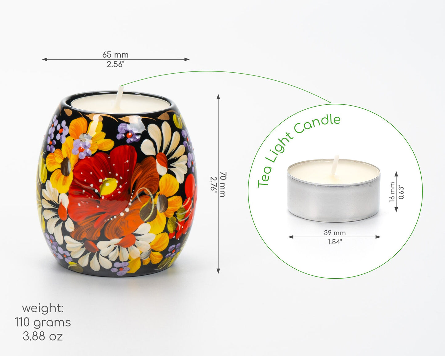 Hand painted Ukrainian tea light candle holder with Petrykivka floral design and tea light dimensions displayed.