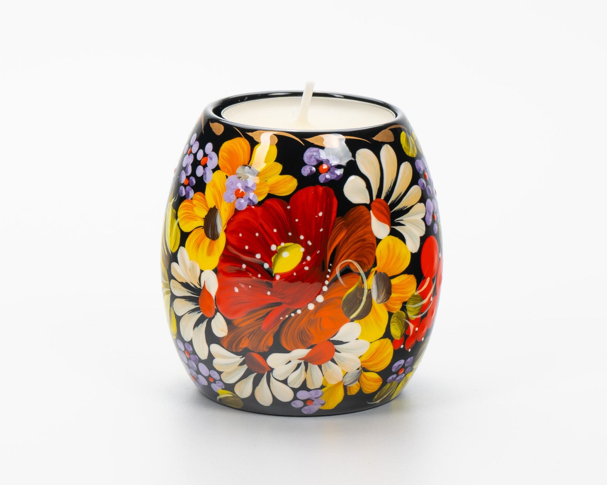 Hand painted Ukrainian tea light candle holder with vibrant Petrykivka floral design.