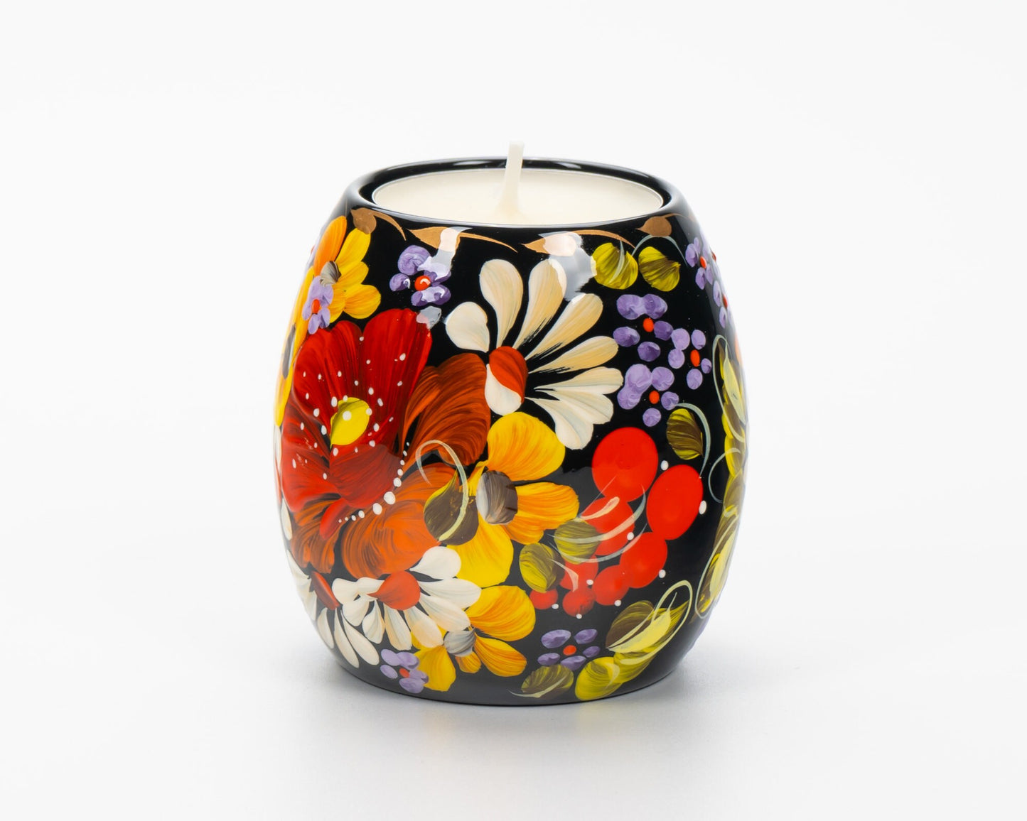 Hand painted Ukrainian tea light candle holder with vibrant Petrykivka floral design.