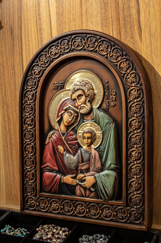 Handcrafted wooden icon of the Holy Family, Byzantine Christian art, religious gift, unique Ukrainian craftsmanship, sacred décor.