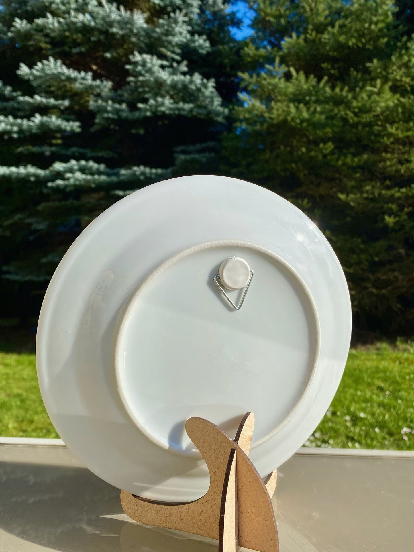 Back view of Ukrainian porcelain plate on wooden stand, showing hanging fixture against a green outdoor background.