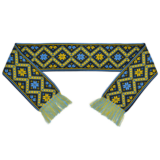 Cozy knit scarf with traditional Ukrainian geometric pattern in yellow and blue, perfect for winter warmth and style.